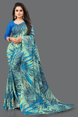 Dedkada Fab Printed Daily Wear Georgette Saree(Blue)
