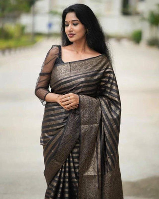 Nirvaan Polka Print Banarasi Cotton Silk, Jacquard Saree(Black)