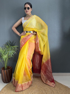 HERE N NOW Woven Bollywood Organza Saree(Yellow)