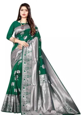 LEAFSY Self Design Banarasi Jacquard Saree(Green)