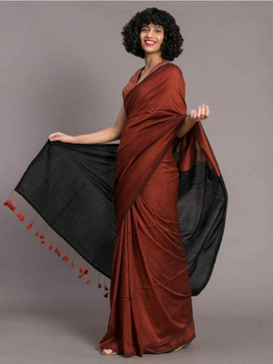 Ruuprekha Solid/Plain Handloom Cotton Blend Saree(Brown)