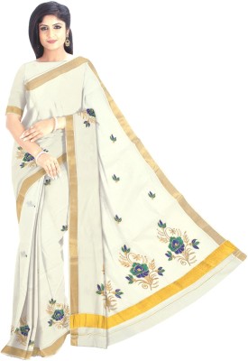 BRINDAVAN CREATIONS Embroidered Kasavu Cotton Blend Saree(Cream)