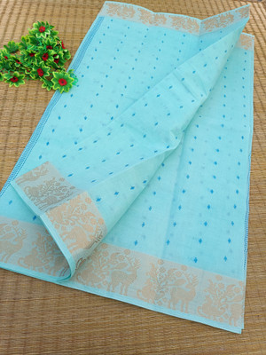Happy Creation Printed Tant Handloom Cotton Blend Saree(Green)