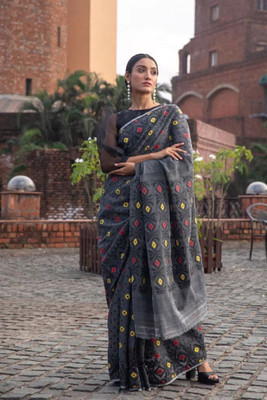 Bansari Textiles Self Design, Embellished Bollywood Cotton Linen Saree(Grey)