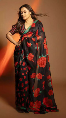 Moda Rapido Floral Print Bollywood Cotton Blend Saree(Black)
