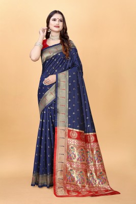 VARNI FABRICS Woven Paithani Silk Blend Saree(Dark Blue)