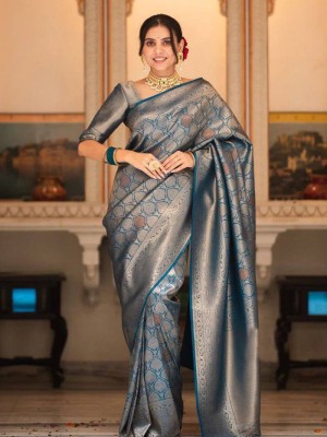 PHEASANT Woven Kanjivaram Pure Silk, Jacquard Saree(Light Blue)