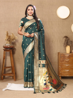 Pandadi Saree Printed Paithani Cotton Silk Saree(Dark Green)
