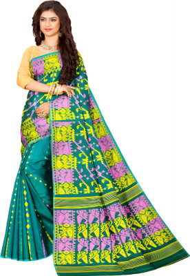 HARE KRISHNA ENTERPRISE Printed Handloom Cotton Silk Saree(Green)