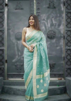 RUCHAA FASHION Woven Banarasi Silk Blend Saree(Light Blue)