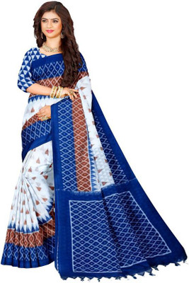 Joyguru Textile Printed Sambalpuri Pure Cotton Saree(White)