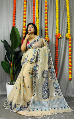 Pasum's Self Design, Embroidered, Woven, Floral Print Jamdani Cotton Silk Saree(Beige, Blue)