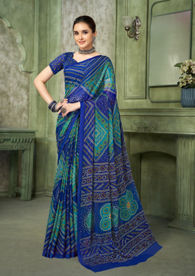 Divastri Floral Print, Geometric Print, Digital Print, Printed Bollywood Chiffon Saree(Blue)