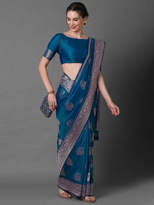 Sareemall Woven Banarasi Silk Blend Saree(Blue)