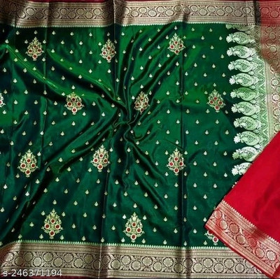 NNSAREE Woven Banarasi Satin Saree(Dark Green)