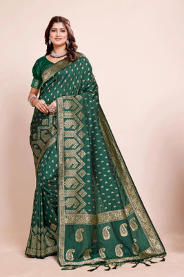 DHAYNAAND REEWA FASHION Woven Kanjivaram Georgette Saree(Dark Green)