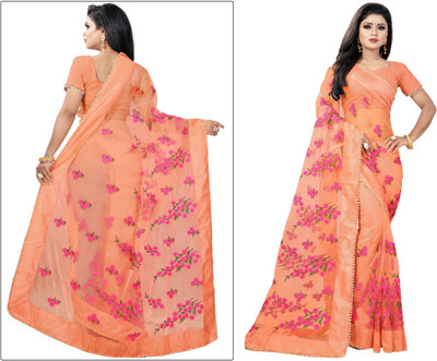 JSItaliya Floral Print Bollywood Net Saree(Cream)