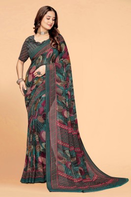 Divastri Printed, Striped Bollywood Chiffon, Georgette Saree(Dark Green)