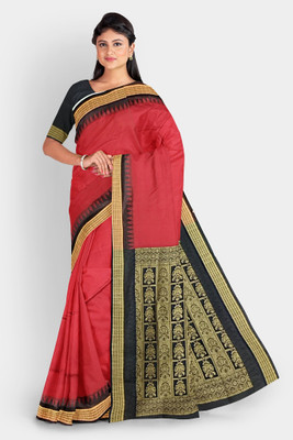 LYANNA Temple Border, Solid/Plain Sambalpuri Handloom Cotton Linen Saree(Maroon)