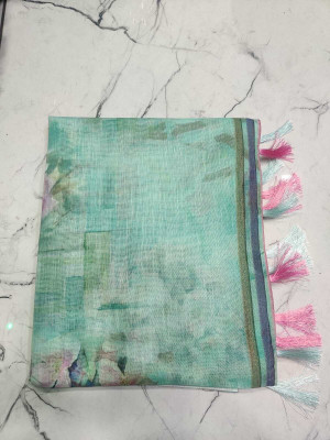 SSHAGUN LIFESTYLE Floral Print Bollywood Linen Saree(Light Blue)