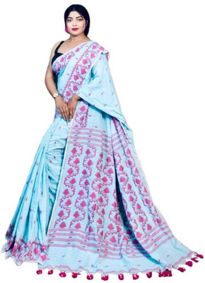 ANU INDIAN FASHION Woven, Self Design Handloom Cotton Blend Saree(Light Blue)