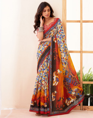 all about you Printed Kalamkari Pure Cotton Saree(Cream, Red, Multicolor)