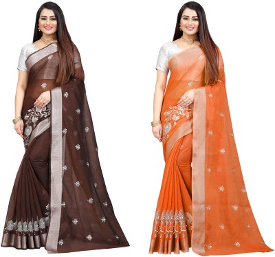 JS Clothing Mart Embroidered Daily Wear Cotton Silk Saree(Pack of 2, Brown, Orange)