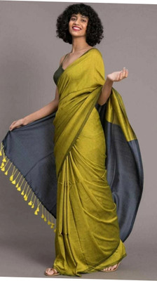 Sampa Das Solid/Plain Tant Cotton Silk Saree(Grey, Yellow)