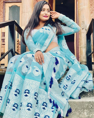 Divine Fabrics Woven Mekhela Chador Pure Cotton Saree(Light Blue)