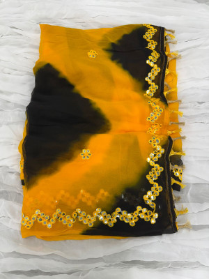 Bl Creation Color Block, Hand Painted, Printed, Embellished, Blocked Printed Handloom Chiffon Saree(Yellow)