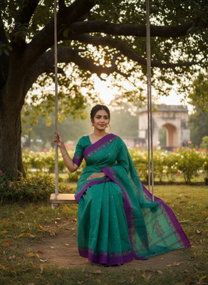 DENLINFABRICS Woven Tant Cotton Blend Saree(Dark Green)