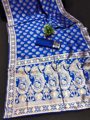 AAGIRI Self Design, Floral Print, Embellished, Woven, Applique Banarasi Jacquard, Art Silk Saree(Light Blue)