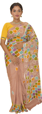 KheyaliBoutique Hand Painted Hand Batik Pure Cotton Saree(Beige)