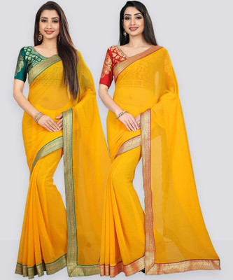 Anand Sarees Solid/Plain Bollywood Chiffon Saree(Pack of 2, Yellow)