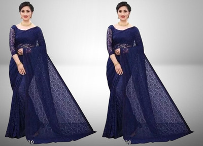 Vragi Self Design Bollywood Net Saree(Pack of 2, Blue)