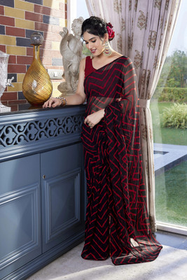 MIRCHI FASHION Printed, Striped Leheria Georgette Saree(Black, Red)