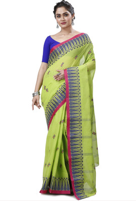 NihaRika Collections Woven, Self Design Tant Pure Cotton Saree(Green)