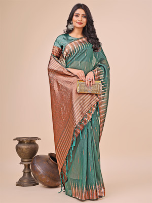 Tasrika Woven Kanjivaram Cotton Linen Saree(Green)