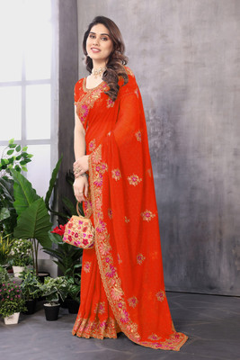 KB DESIGNER Embroidered, Floral Print, Embellished Bollywood Georgette Saree(Orange)