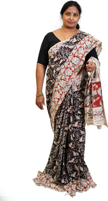 SR Handlooms And Textiles Printed Kalamkari Handloom Cotton Blend Saree(Black)