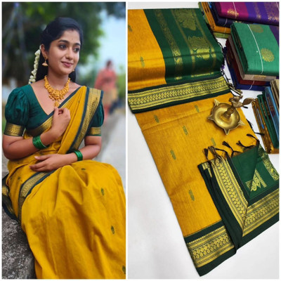 Unique Queens Printed Handloom Cotton Silk Saree(Gold)