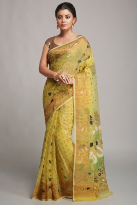 WoodenTant Woven Jamdani Cotton Silk Saree(Yellow)