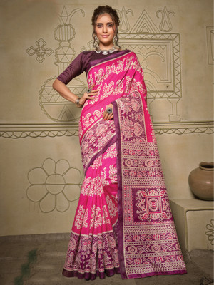 ANOUK Printed Ikkat Silk Blend Saree(Pink)