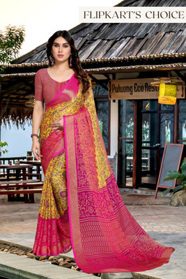 PinkEVE Woven, Paisley, Polka Print, Floral Print, Geometric Print Bollywood Chiffon, Brasso Saree(Yellow, Pink)