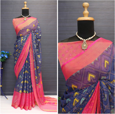 Hensi sarees shop Printed Daily Wear Chiffon, Brasso Saree(Blue, Pink)