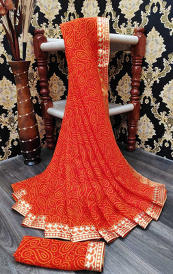 Kanooda Prints Printed Bandhani Georgette Saree(Orange)