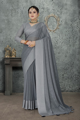 Sunil Textiles Striped Bollywood Chiffon Saree(Grey)