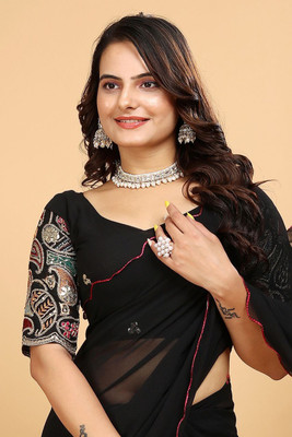 Infyshopy Fashions Embroidered, Dyed, Solid/Plain, Self Design Bollywood Georgette Saree(Black)