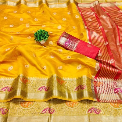 VIRDHI TEXTILE Printed, Self Design, Embellished, Woven, Animal Print, Blocked Printed Banarasi Jacquard, Organza Saree(Yellow)