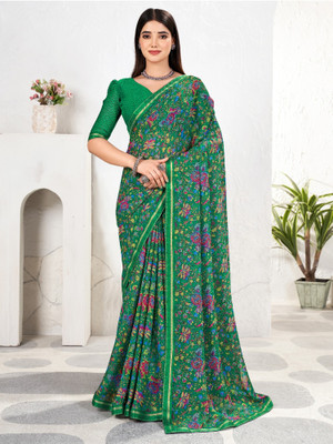 Divastri Floral Print Bollywood Chiffon Saree(Green)
